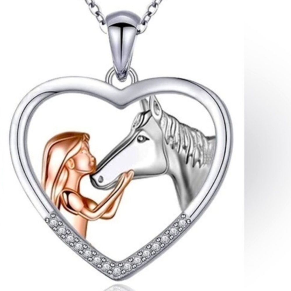 NEW Elegant Silver Horse with girl Heart Necklace NWT